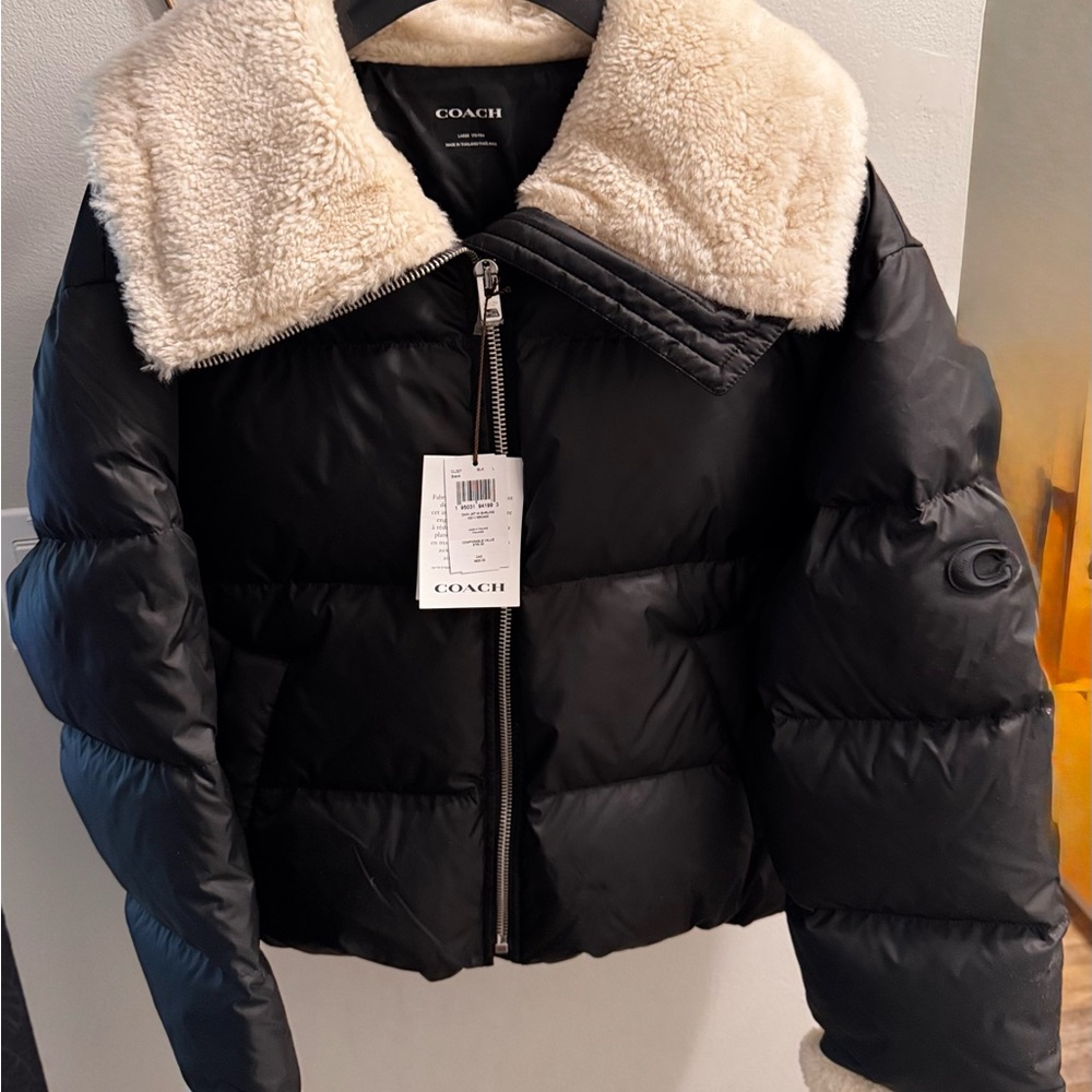 Coach Cream and Black Puffer Jacket with Luxe Fur Collar